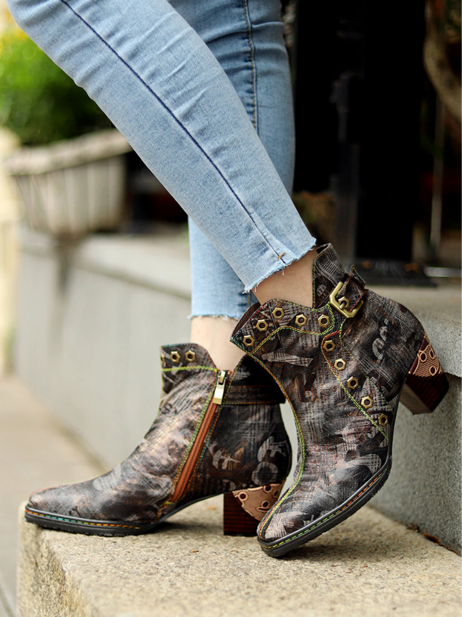 Vicconfy | Antique Prints With Metallic Stud Moto Boot
