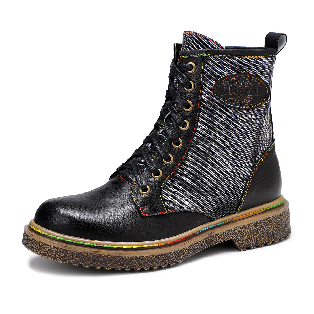 Vicconfy | Tie Dye-Contrast Genuine Leather Combat Boots