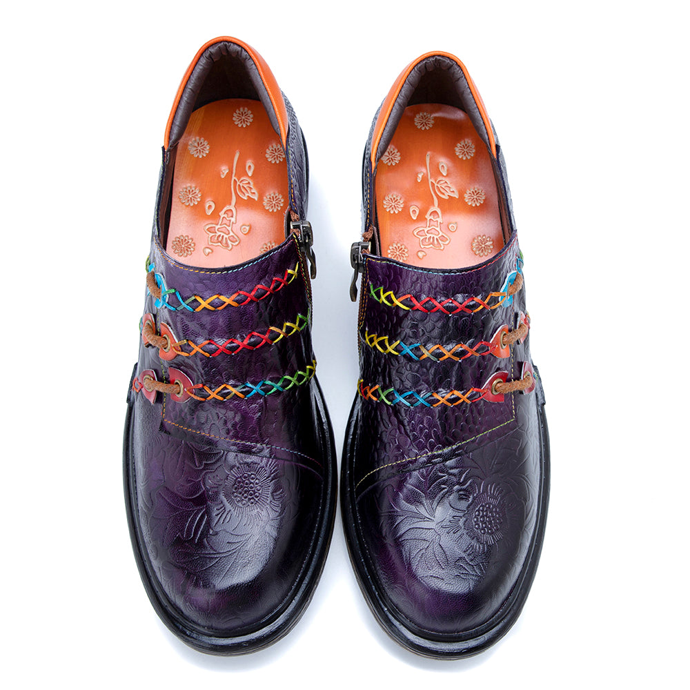 Vicconfy | Rainbow Stitch Embossed Genuine Leather Sneakers