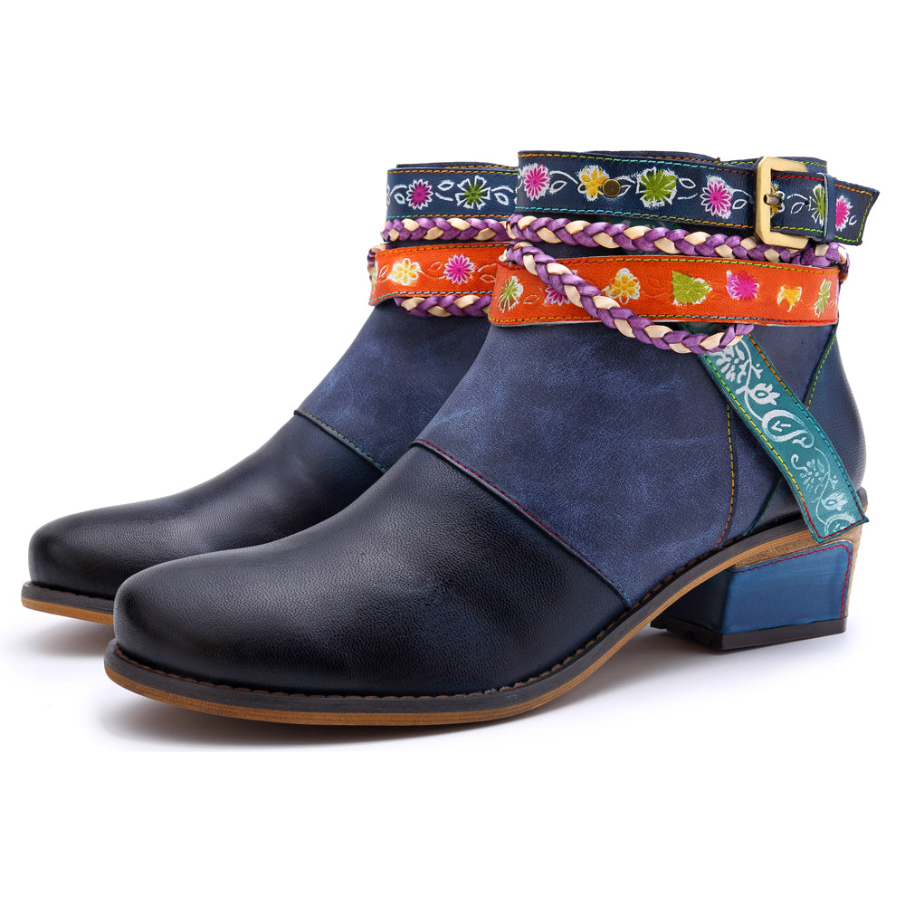 Vicconfy | Genuine Leather Woven Multi-Strap Flat Ankle Boots