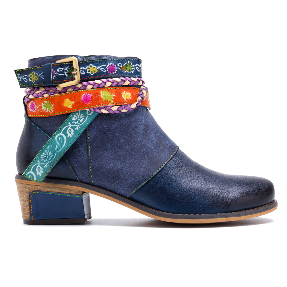 Vicconfy | Genuine Leather Woven Multi-Strap Flat Ankle Boots