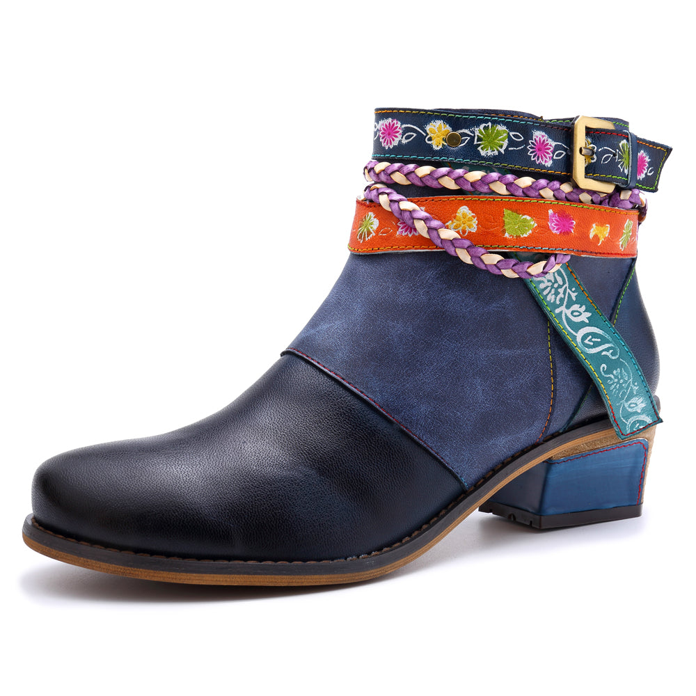 Vicconfy | Genuine Leather Woven Multi-Strap Flat Ankle Boots