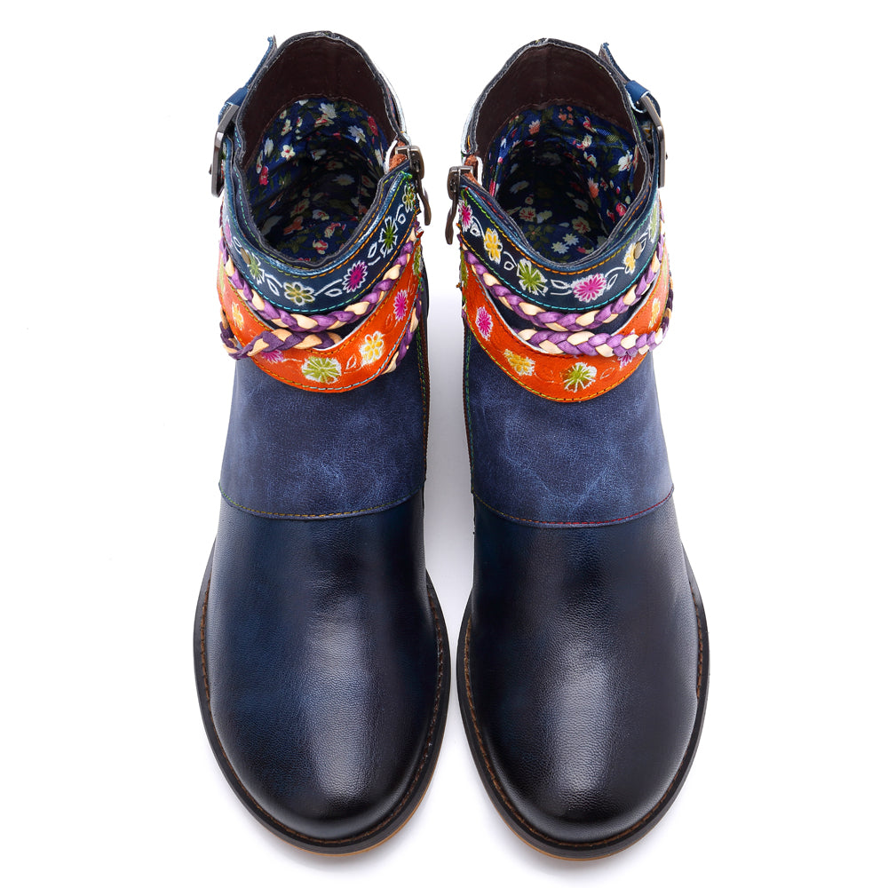 Vicconfy | Genuine Leather Woven Multi-Strap Flat Ankle Boots