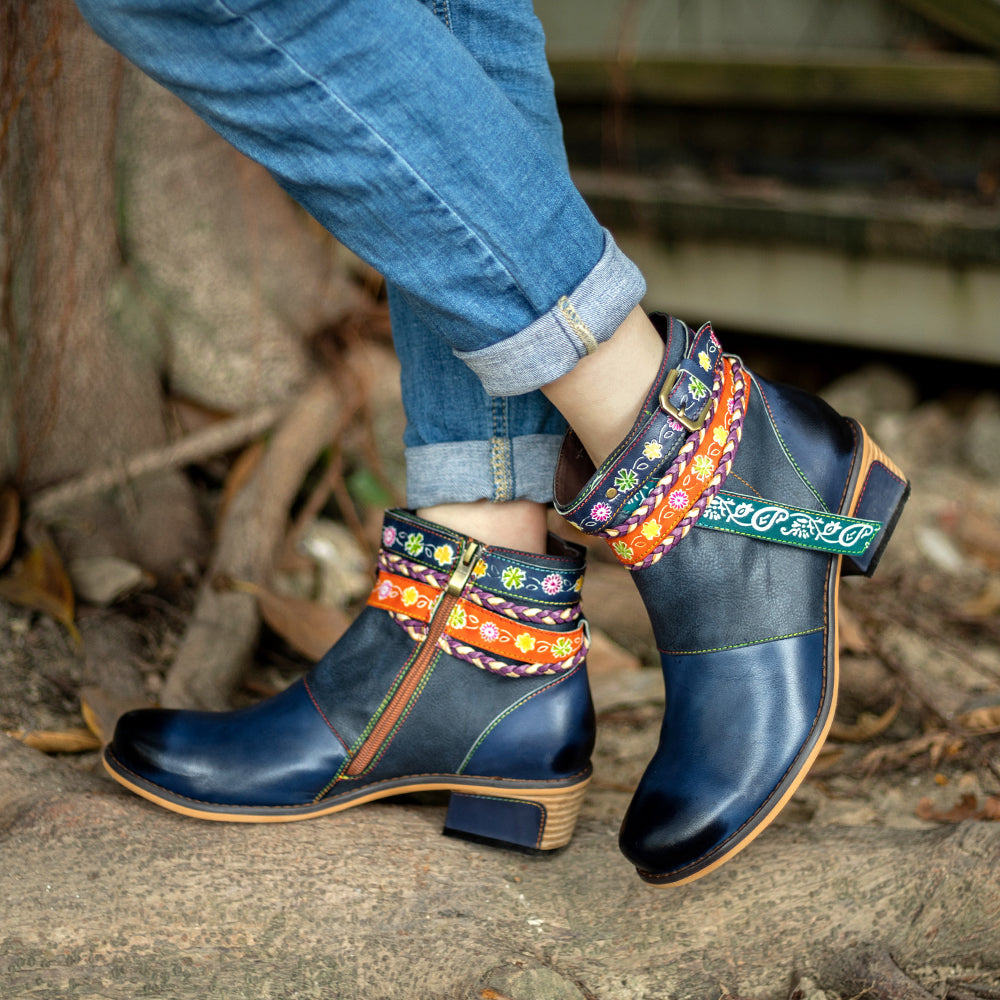 Vicconfy | Genuine Leather Woven Multi-Strap Flat Ankle Boots