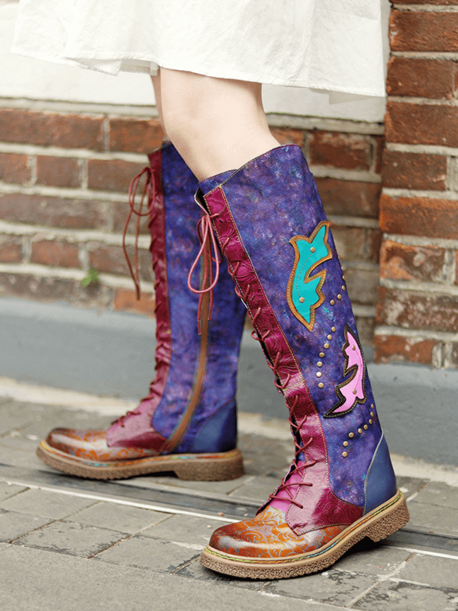 Vicconfy | Genuine Leather Galaxy Printed Tie-Accent Boho Knee High Boots