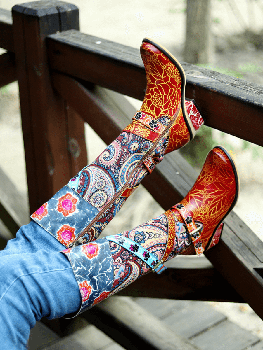 Vicconfy | Floral Tie-Accent Leather Vintage Knee High Boots