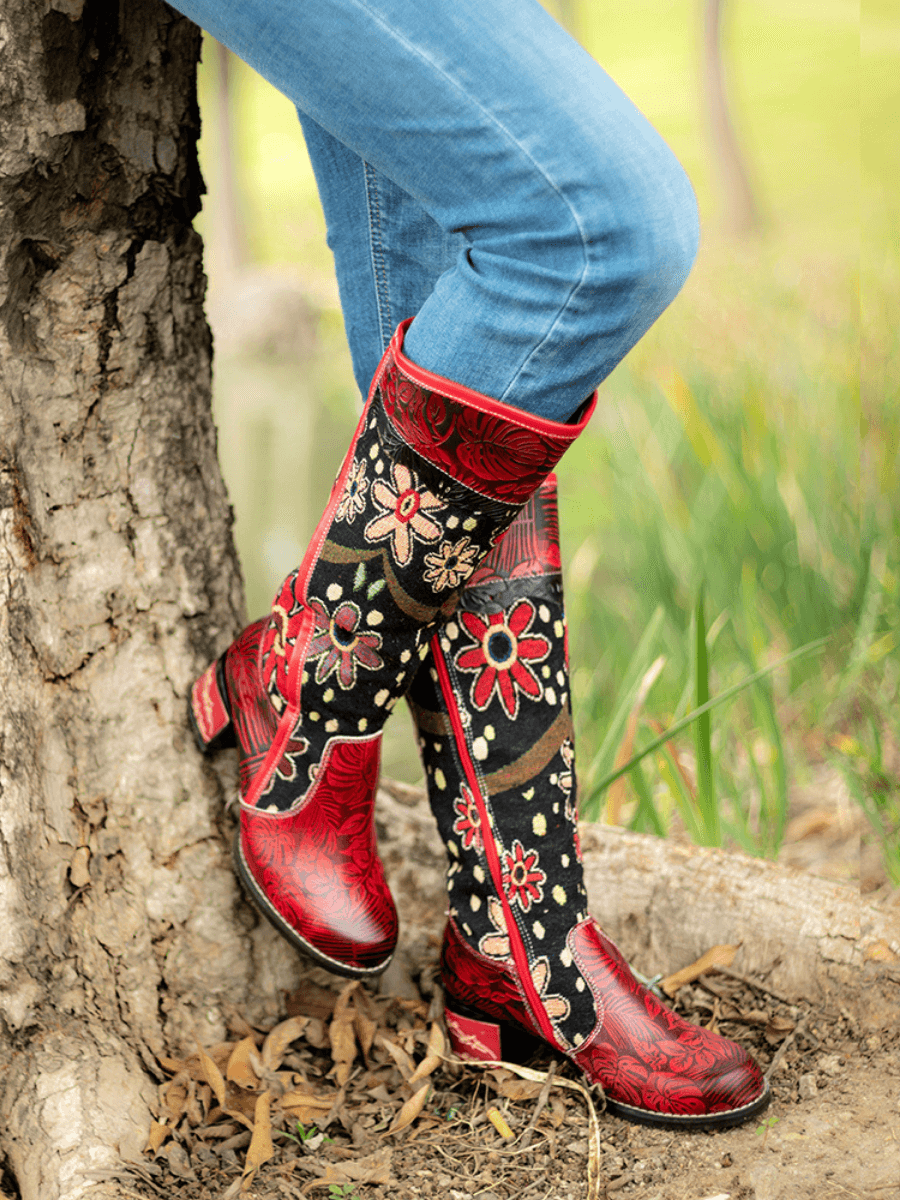 Vicconfy | Genuine Leather Bohemian Red Blossom Tie-Accent Leather Vintage High Knee Boots