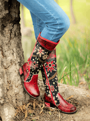 Vicconfy | Genuine Leather Bohemian Red Blossom Tie-Accent Leather Vintage High Knee Boots