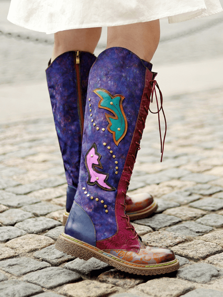 Vicconfy | Genuine Leather Galaxy Printed Tie-Accent Boho Knee High Boots