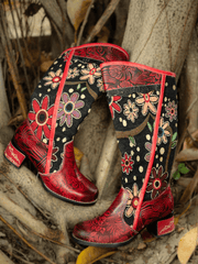 Vicconfy | Genuine Leather Bohemian Red Blossom Tie-Accent Leather Vintage High Knee Boots