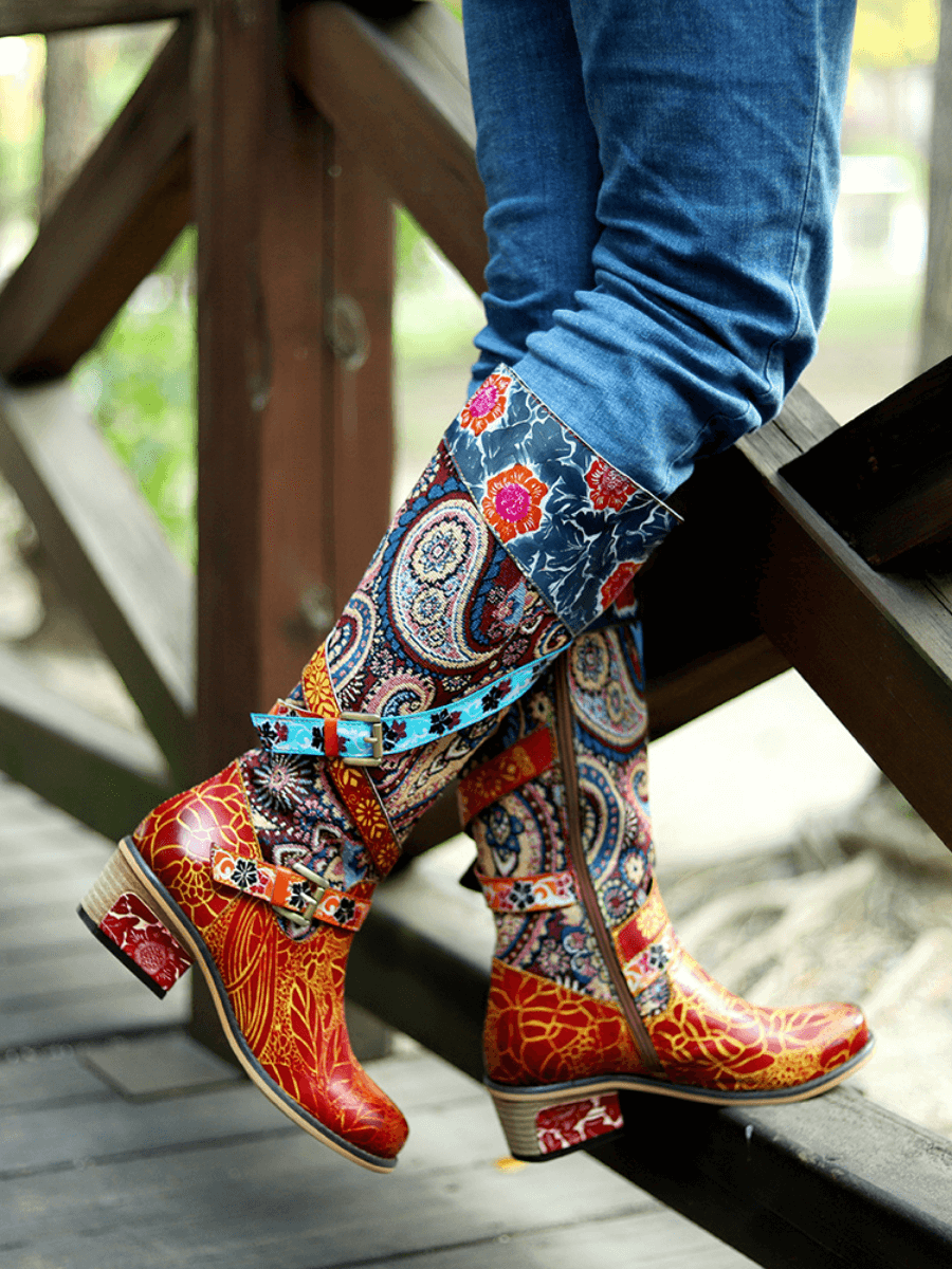 Vicconfy | Floral Tie-Accent Leather Vintage Knee High Boots