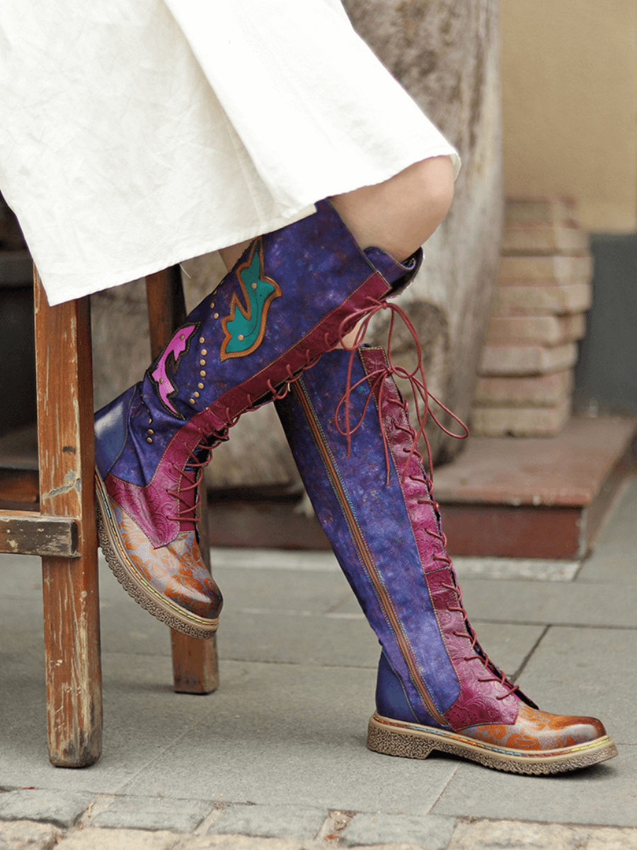 Vicconfy | Genuine Leather Galaxy Printed Tie-Accent Boho Knee High Boots