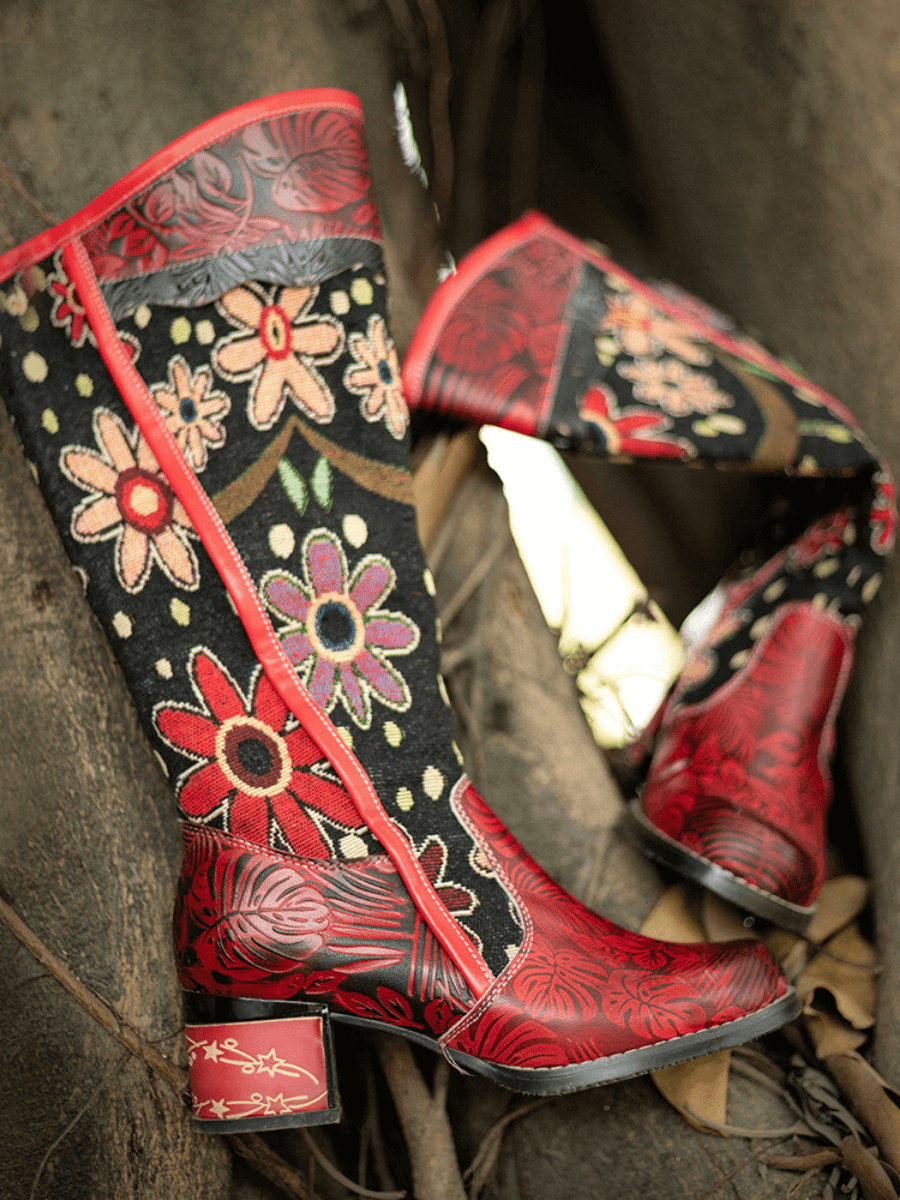 Vicconfy | Genuine Leather Bohemian Red Blossom Tie-Accent Leather Vintage High Knee Boots