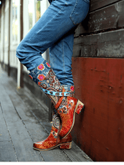 Vicconfy | Floral Tie-Accent Leather Vintage Knee High Boots