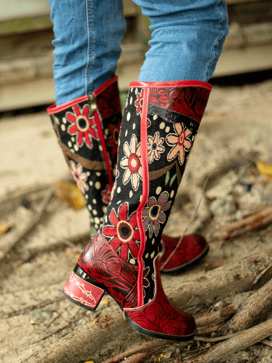Vicconfy | Genuine Leather Bohemian Red Blossom Tie-Accent Leather Vintage High Knee Boots