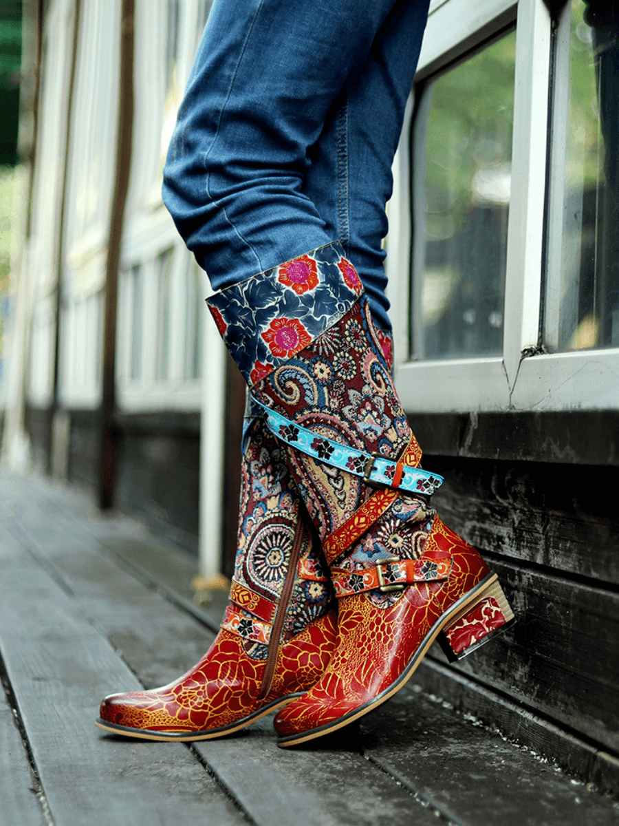 Vicconfy | Floral Tie-Accent Leather Vintage Knee High Boots
