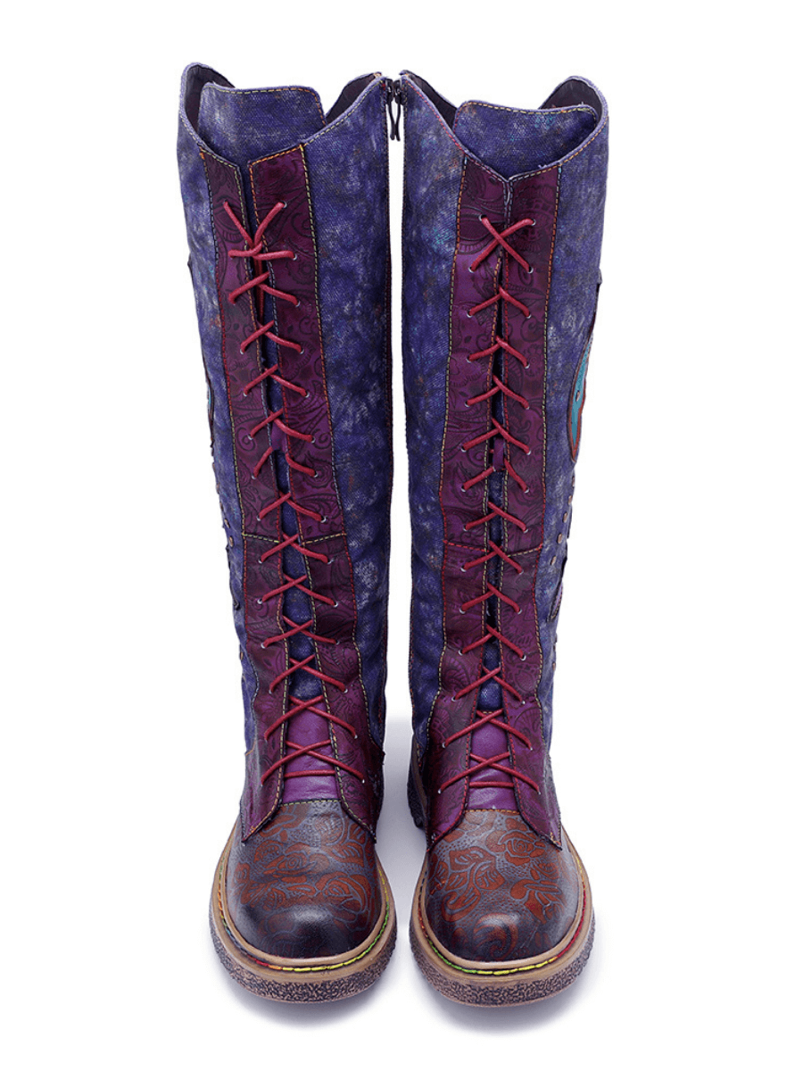 Vicconfy | Genuine Leather Galaxy Printed Tie-Accent Boho Knee High Boots