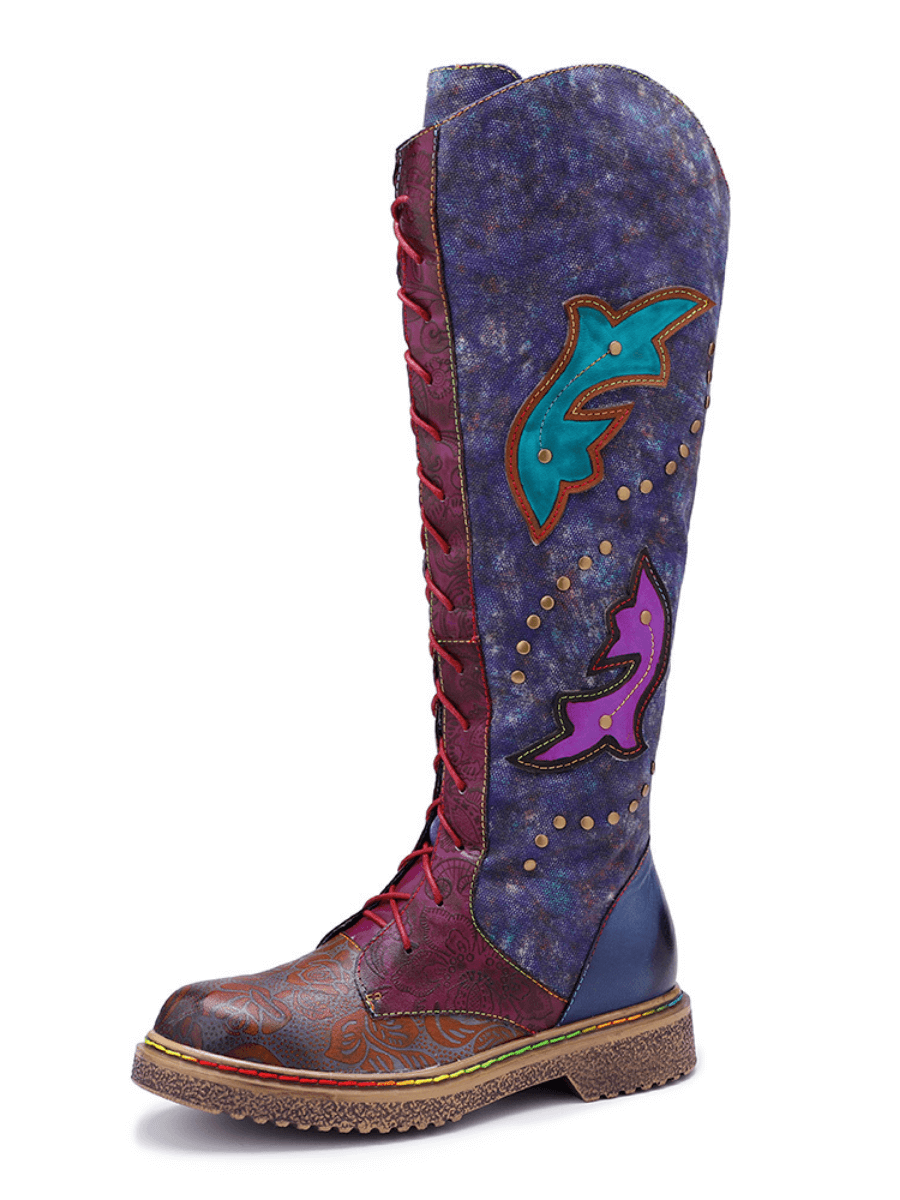 Vicconfy | Genuine Leather Galaxy Printed Tie-Accent Boho Knee High Boots