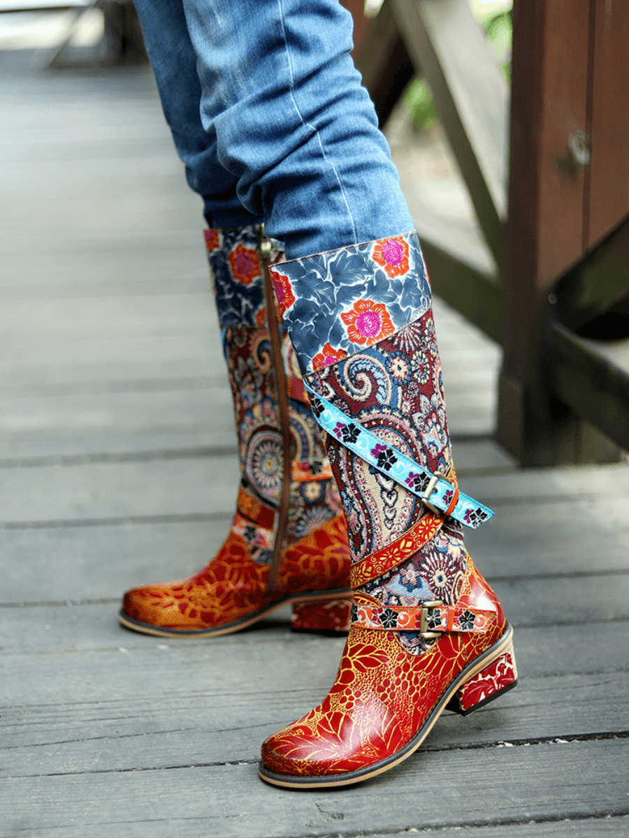 Vicconfy | Floral Tie-Accent Leather Vintage Knee High Boots