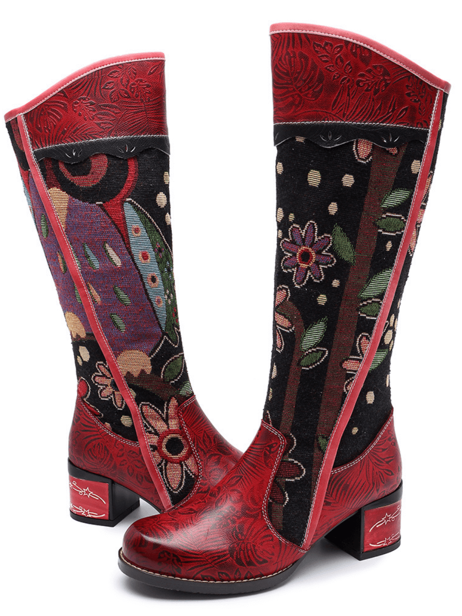 Vicconfy | Genuine Leather Bohemian Red Blossom Tie-Accent Leather Vintage High Knee Boots