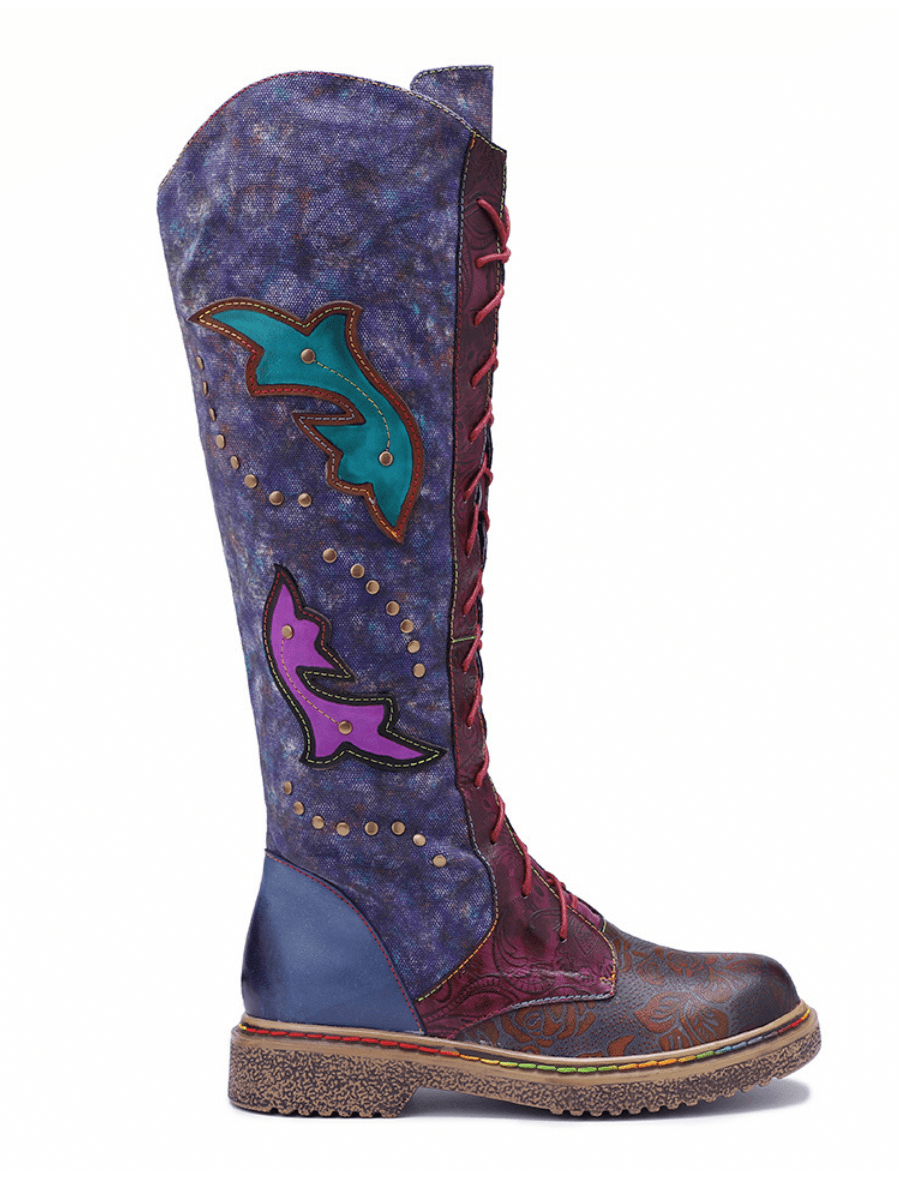 Vicconfy | Genuine Leather Galaxy Printed Tie-Accent Boho Knee High Boots