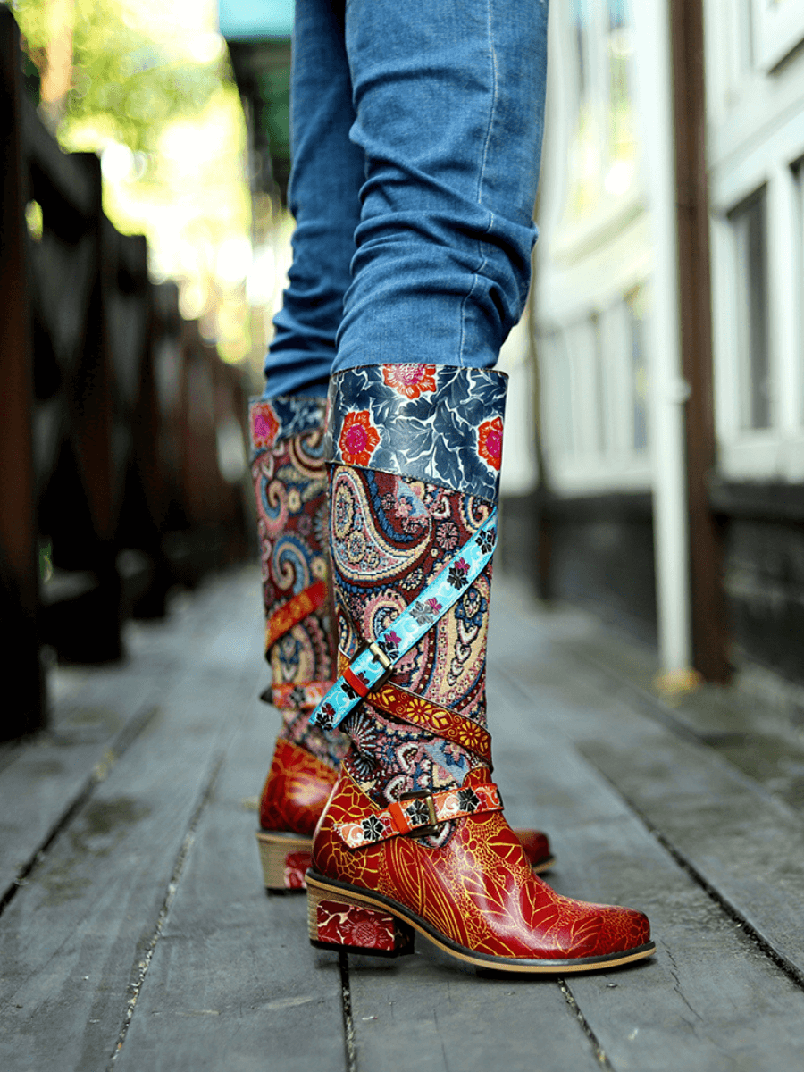 Vicconfy | Floral Tie-Accent Leather Vintage Knee High Boots