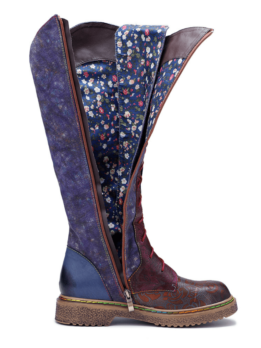 Vicconfy | Genuine Leather Galaxy Printed Tie-Accent Boho Knee High Boots