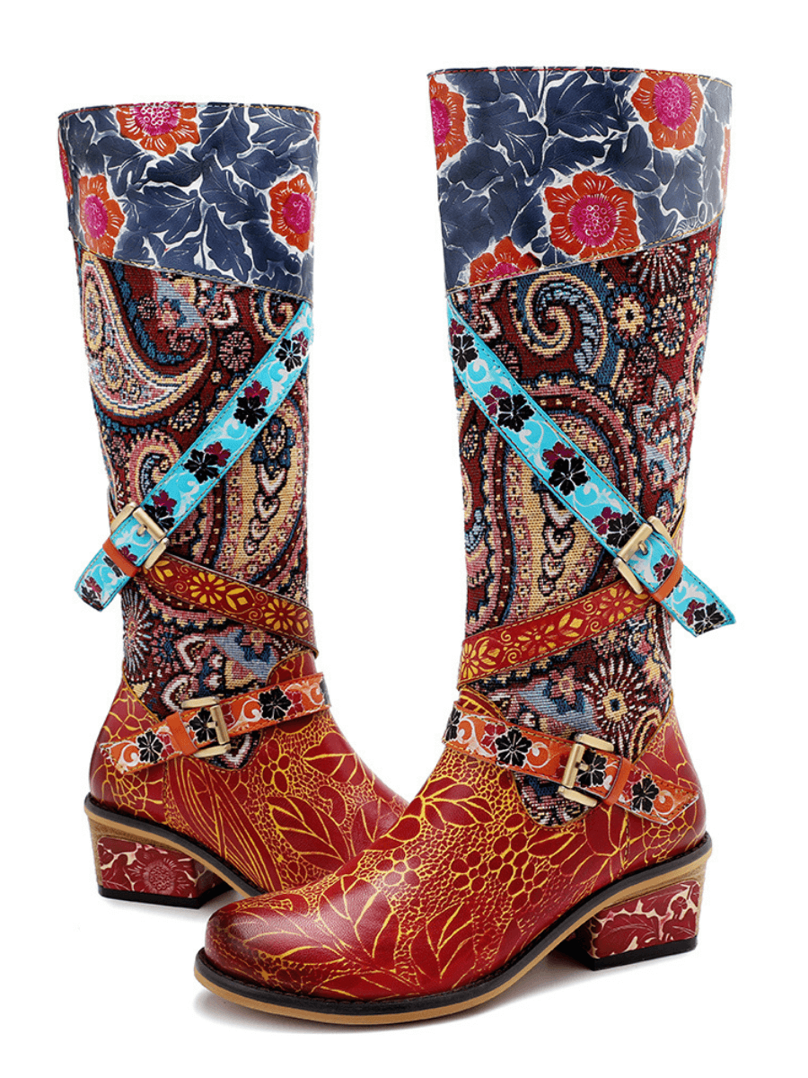 Vicconfy | Floral Tie-Accent Leather Vintage Knee High Boots