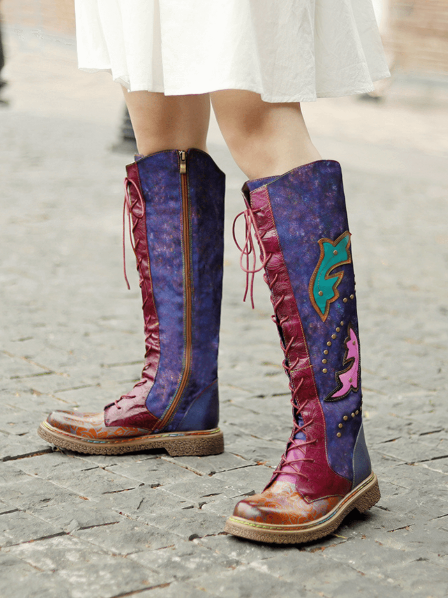 Vicconfy | Genuine Leather Galaxy Printed Tie-Accent Boho Knee High Boots