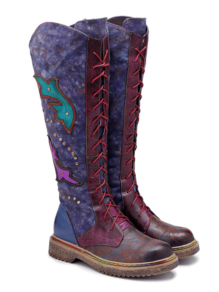 Vicconfy | Genuine Leather Galaxy Printed Tie-Accent Boho Knee High Boots