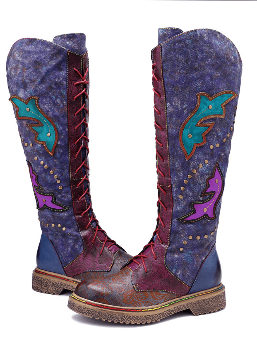 Vicconfy | Genuine Leather Galaxy Printed Tie-Accent Boho Knee High Boots