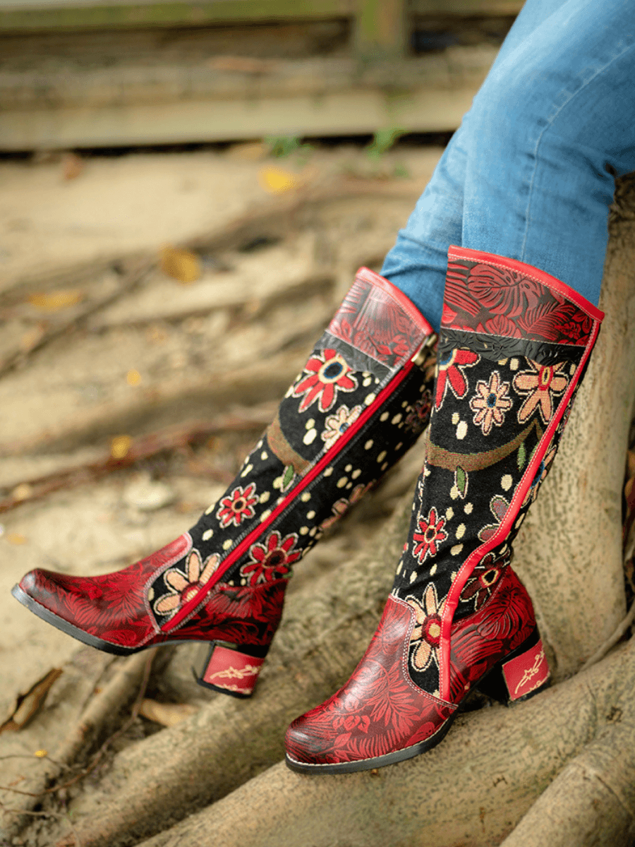 Vicconfy | Genuine Leather Bohemian Red Blossom Tie-Accent Leather Vintage High Knee Boots