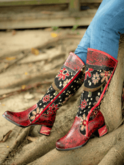 Vicconfy | Genuine Leather Bohemian Red Blossom Tie-Accent Leather Vintage High Knee Boots