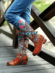 Vicconfy | Floral Tie-Accent Leather Vintage Knee High Boots