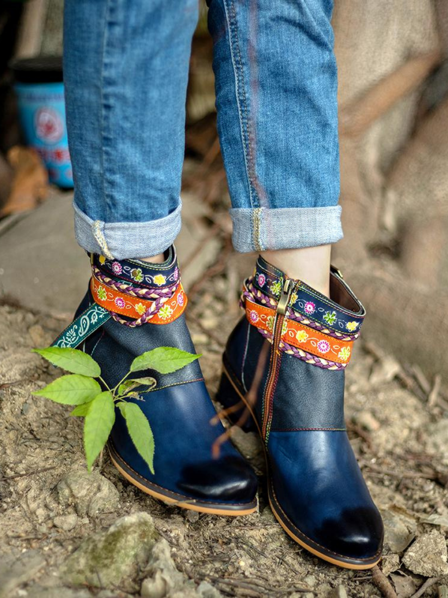 Vicconfy | Genuine Leather Woven Multi-Strap Flat Ankle Boots