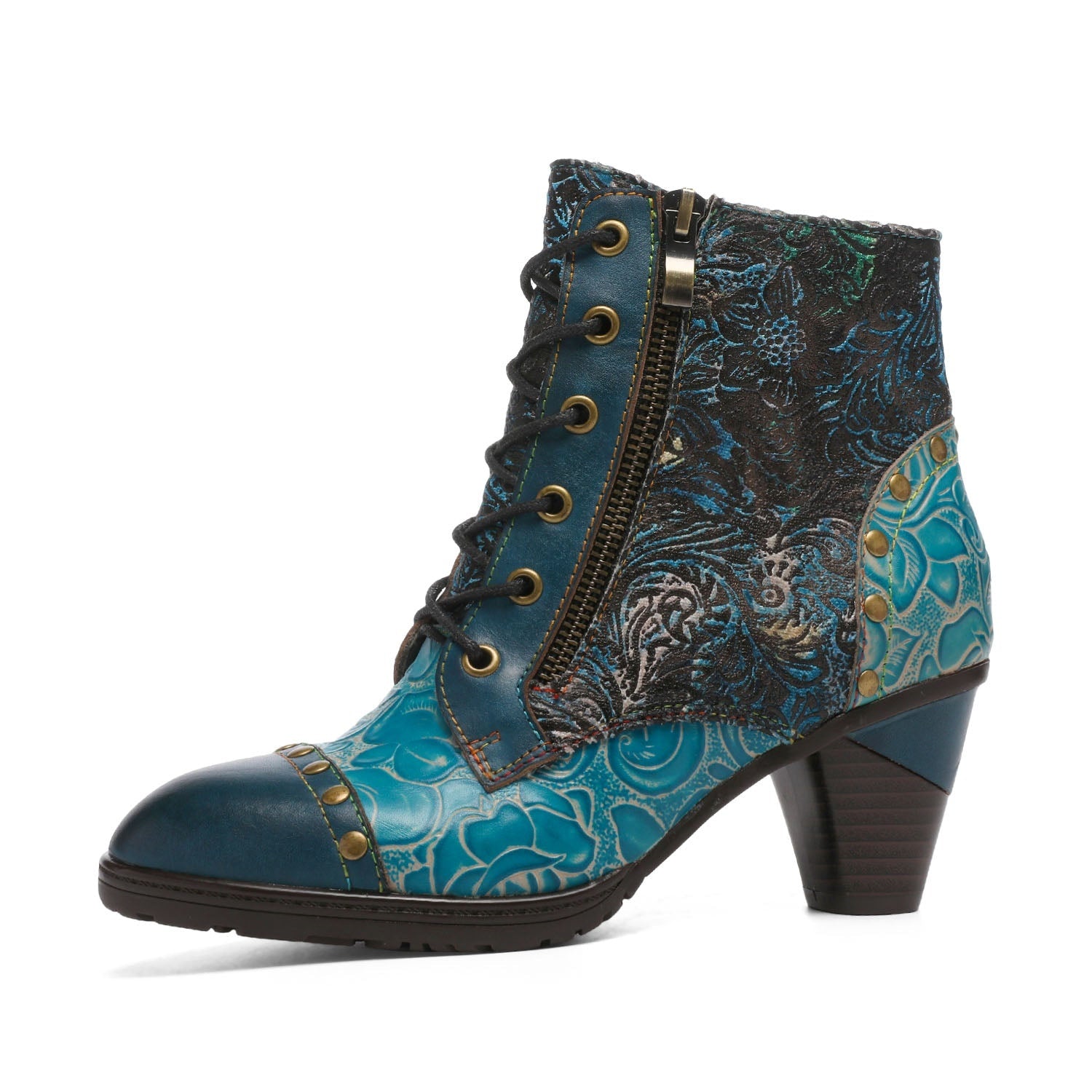 Vicconfy Retro Handmade Leather Patchwork Ankle Boots