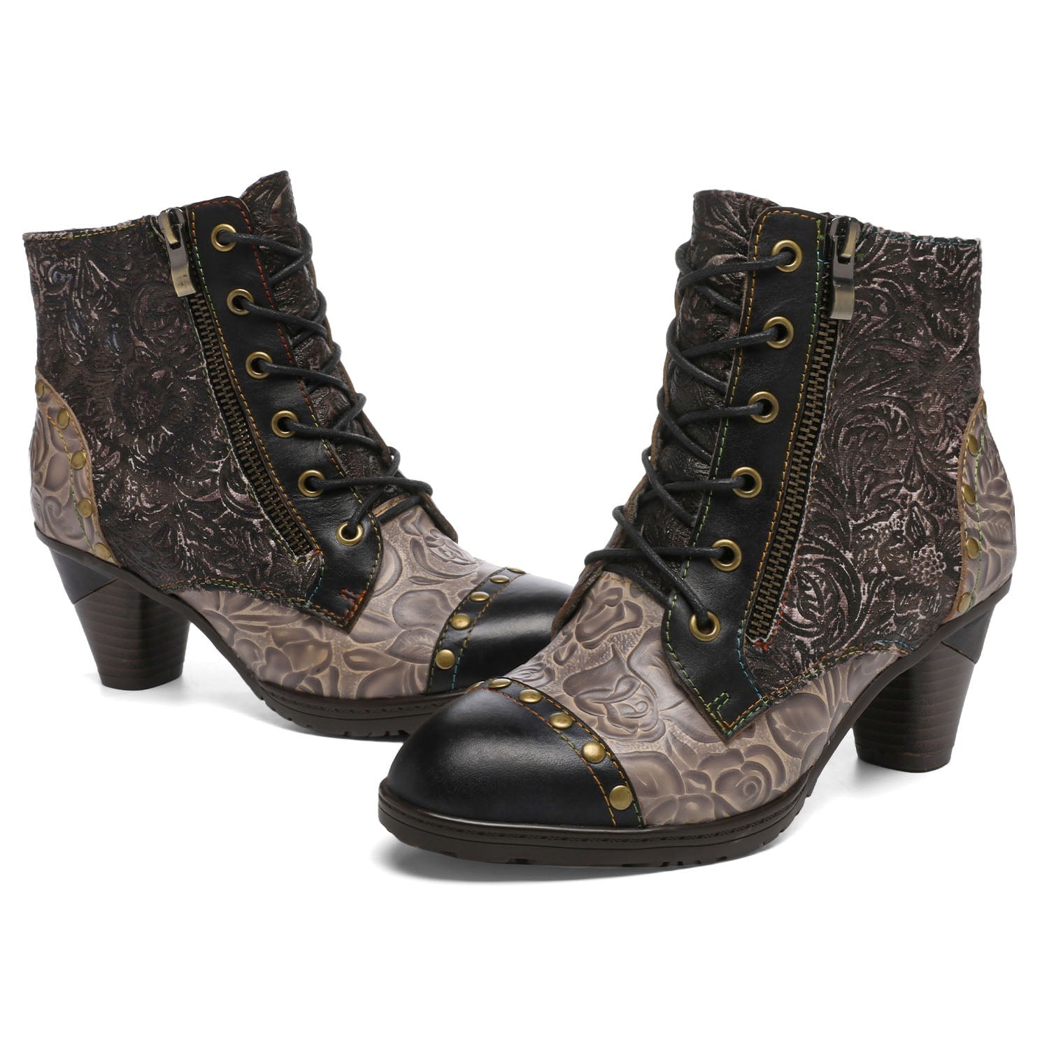 Vicconfy Retro Handmade Leather Patchwork Ankle Boots