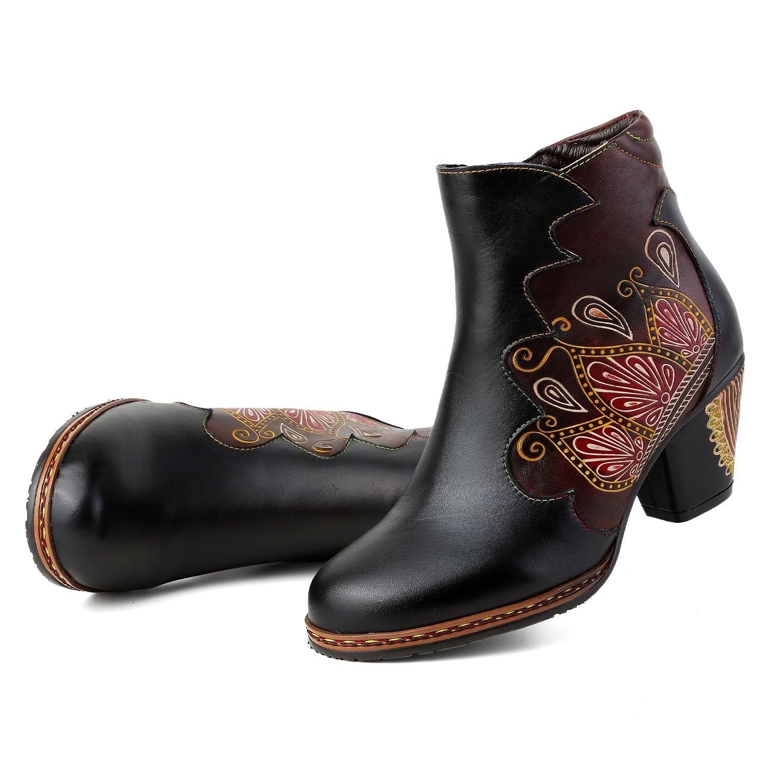 Vicconfy Retro Pattern Leather Zipper Ankle Boots