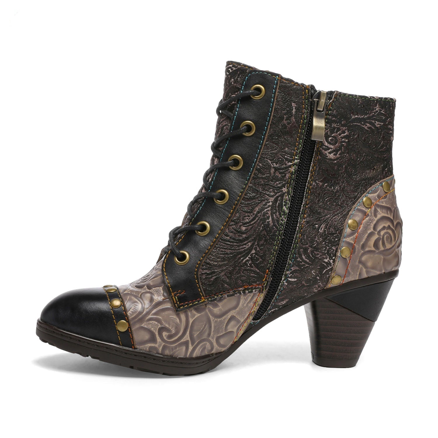 Vicconfy Retro Handmade Leather Patchwork Ankle Boots