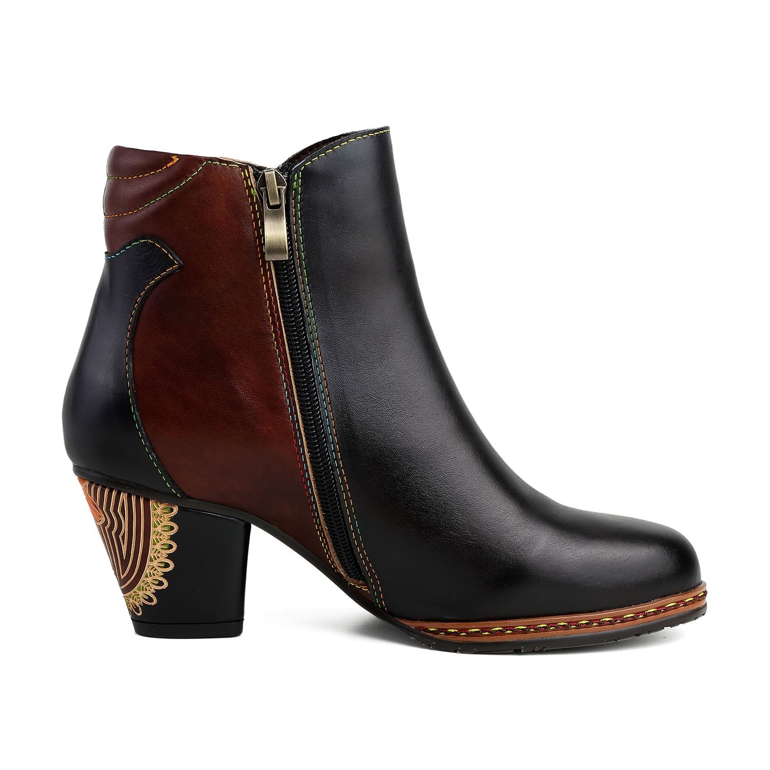 Vicconfy Retro Pattern Leather Zipper Ankle Boots