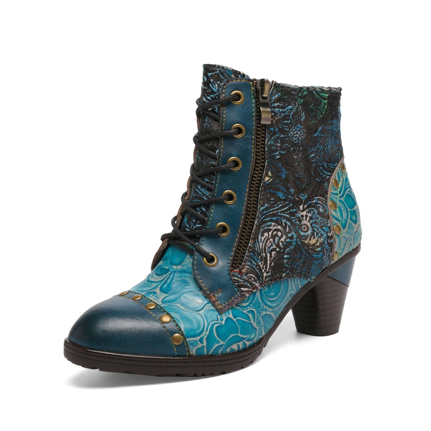 Vicconfy Retro Handmade Leather Patchwork Ankle Boots