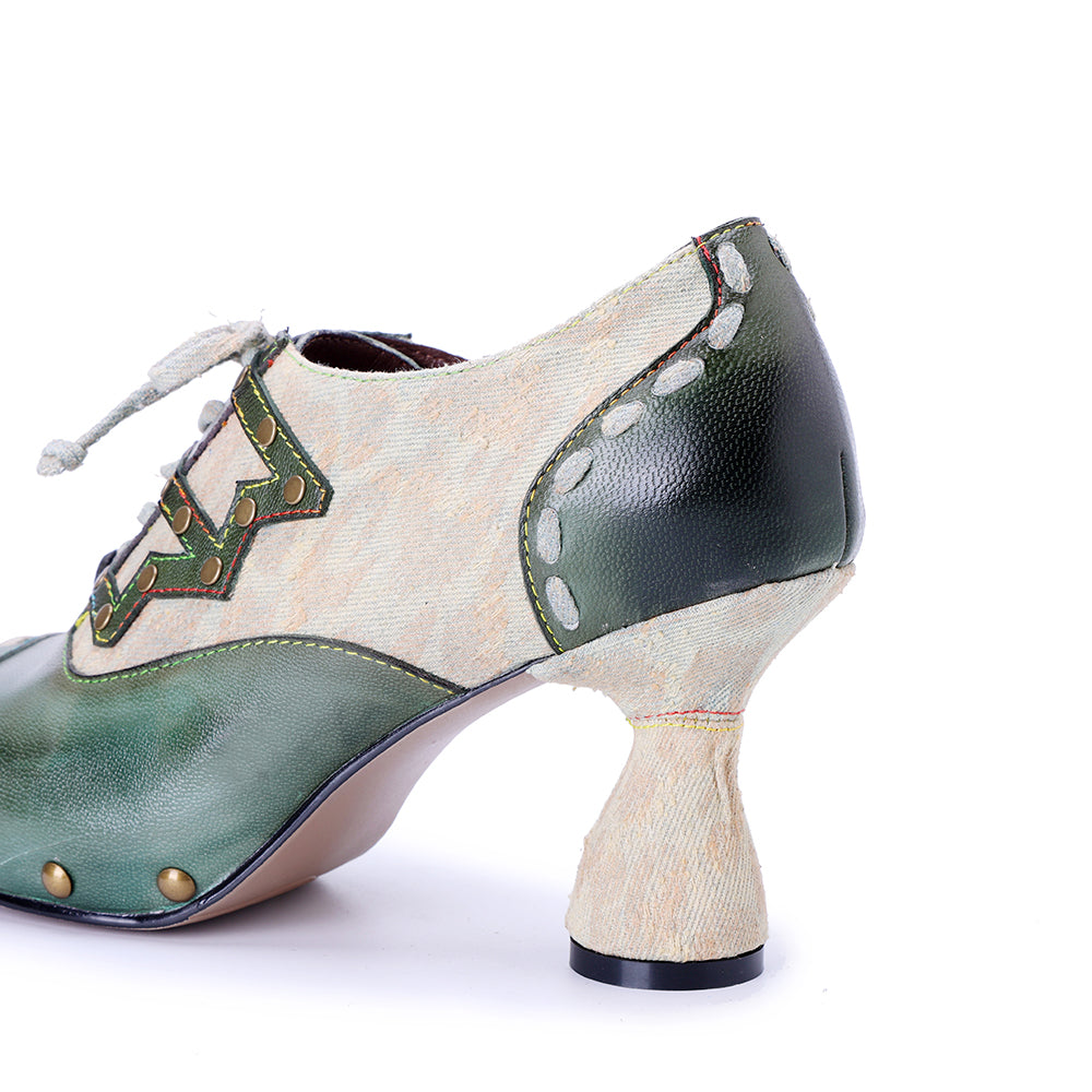 Vicconfy Genuine Leather Army Green Ethnic Style High Heels