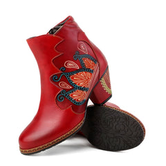 Vicconfy Retro Pattern Leather Zipper Ankle Boots