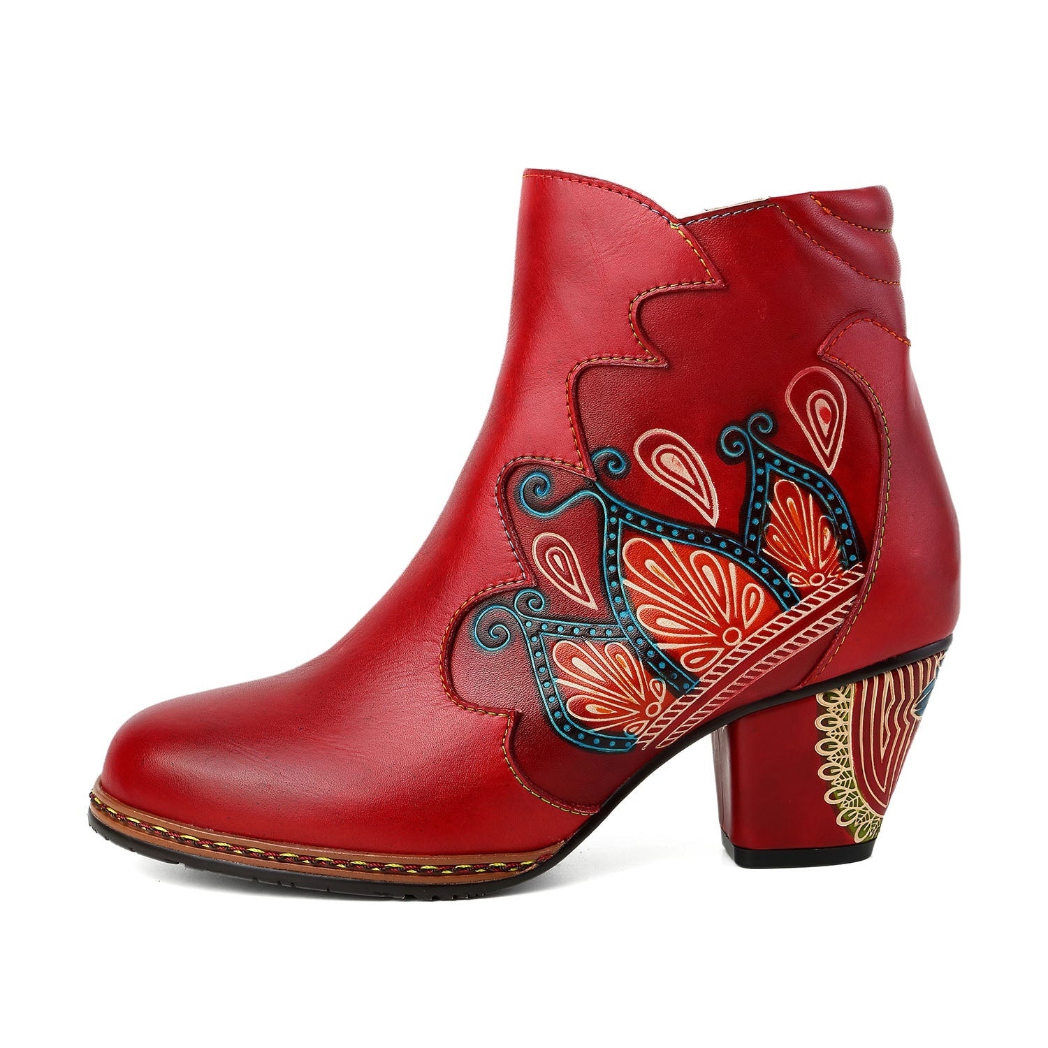 Vicconfy Retro Pattern Leather Zipper Ankle Boots
