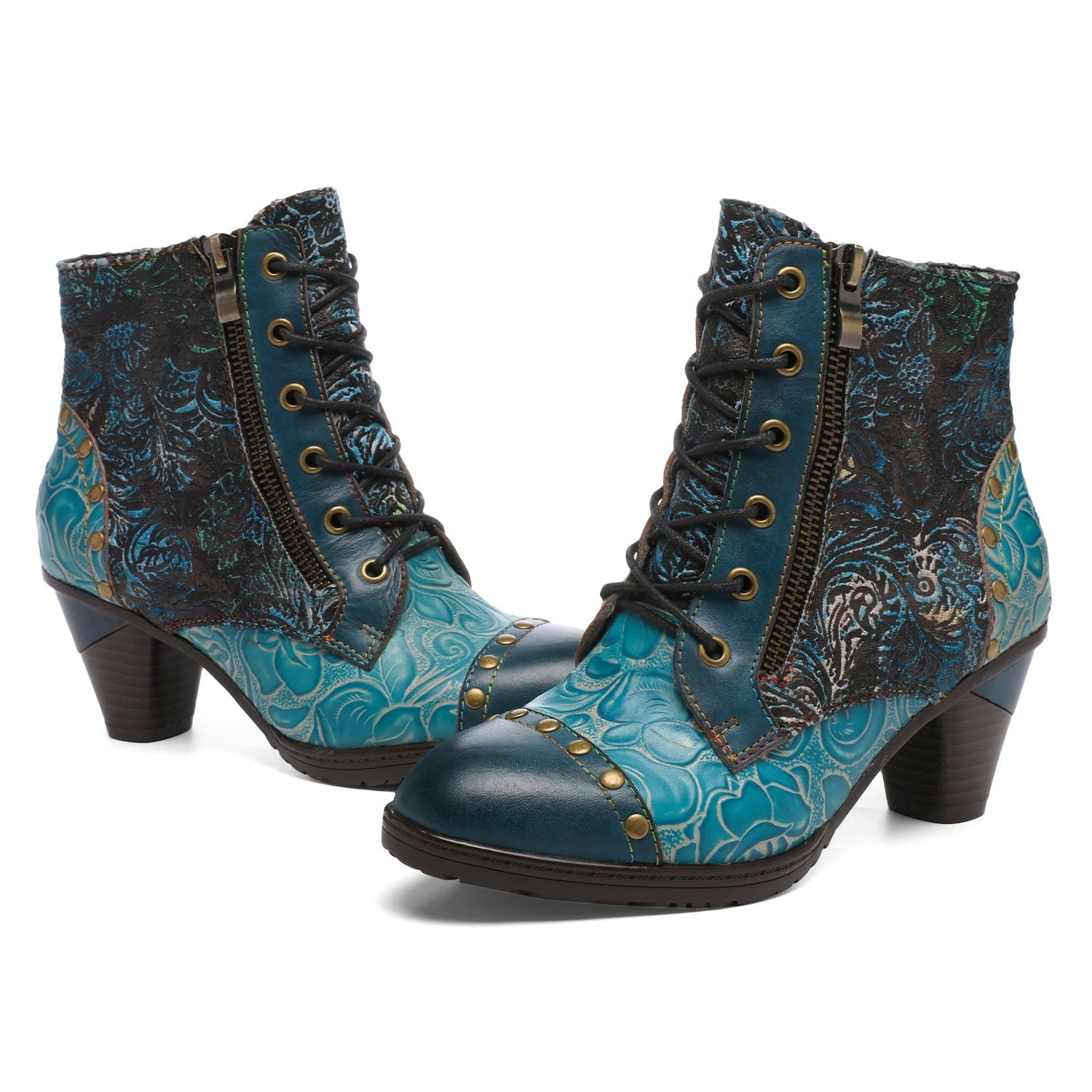 Vicconfy Retro Handmade Leather Patchwork Ankle Boots