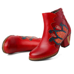Vicconfy Retro Pattern Leather Zipper Ankle Boots