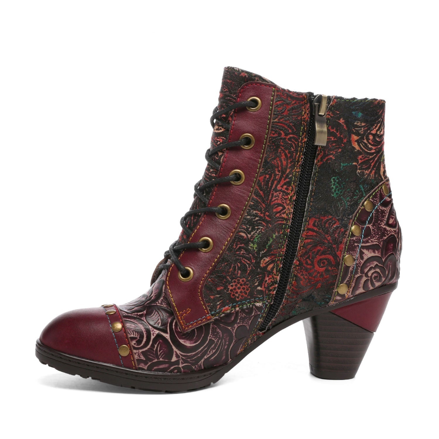 Vicconfy Retro Handmade Leather Patchwork Ankle Boots