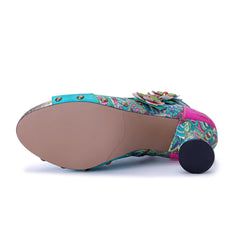 Vicconfy Leather Floral Fish Mouth Lake Green Heeled Sandals