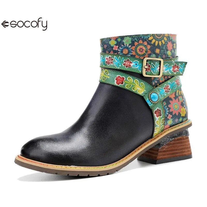 Vicconfy Belt Buckle ZIP Genuine leather Flower Splicing British Style Ankle Boots