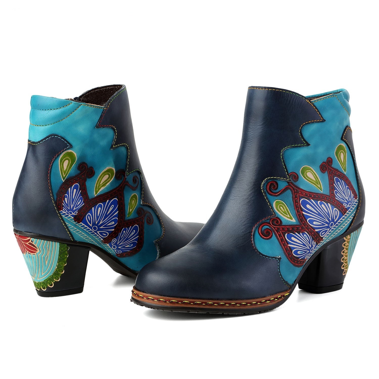 Vicconfy Retro Pattern Leather Zipper Ankle Boots